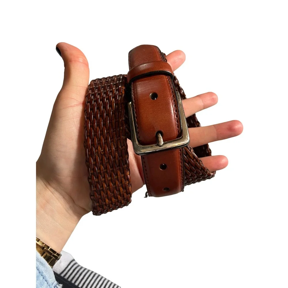 Cognac Brown Woven Braided Faux Leather Belt Silver Buckle size 36